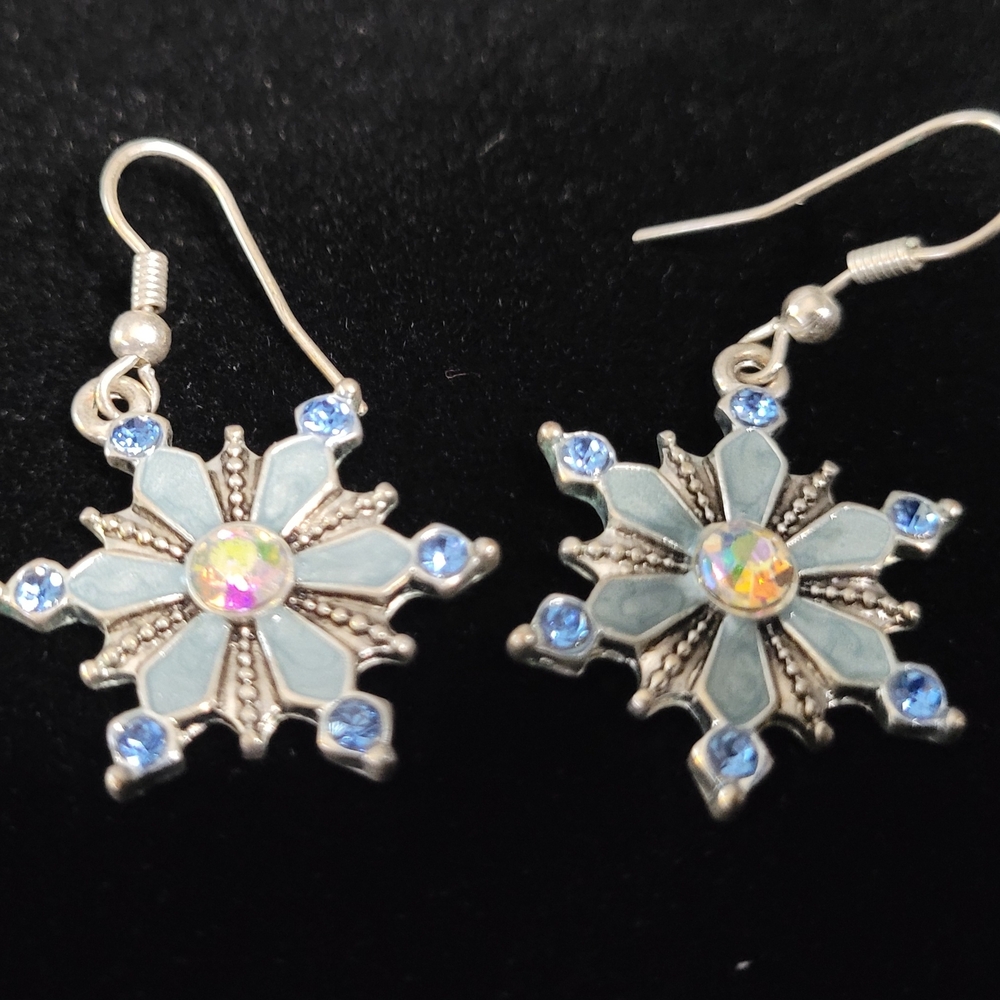 Silver and Blue Snowflake Earrings - Picture 2 of 2